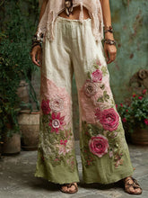 Load image into Gallery viewer, Floral Embroidered Art Print Linen Blend Pants