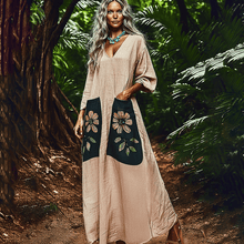 Load image into Gallery viewer, Women's Retro Contrast Pocket Three-quarter Sleeve Linen Maxi Dress