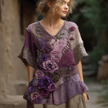 Load image into Gallery viewer, Vintage Bohemian Embroidered Floral Patchwork Linen T-shirt