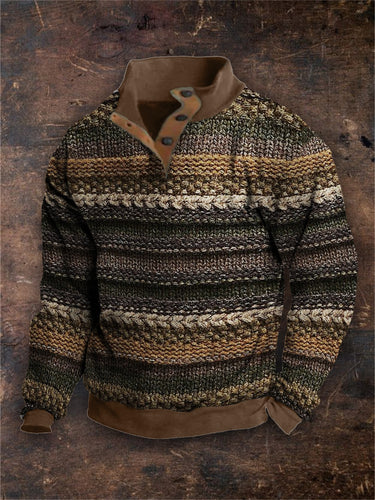 Men's Vintage Striped Knit Button Up Cozy Pullover