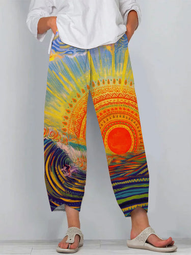 Retro Art Print Hippie Casual Cropped Pants