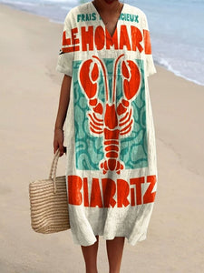 Women's Vintage French Biarritz Lobster Art Print Flowy Dress