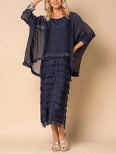 Load image into Gallery viewer, Frayed Trim Tiered Midi Dress