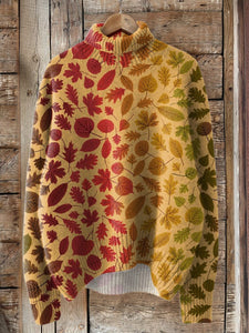 Gradient Fall Maple Leaf Pattern Printed Knit Turtleneck Pullover Sweater