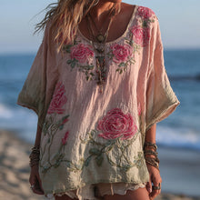 Load image into Gallery viewer, Women's Vintage Rose Gradient Art V Neck Linen Comfy T-shirt