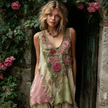 Load image into Gallery viewer, Women's Rose Embroidery Patchwork Print V-neck Linen Blend Tank Top