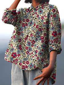 Women's Retro Red and Blue Floral Print Casual Cotton And Linen Shirt