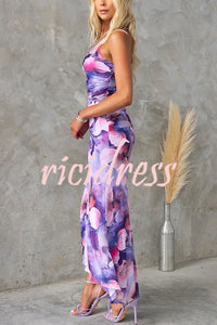 Deja Mesh Overlay Floral Print One Shoulder Ruched Stretch Maxi Dress