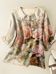 Vintage Floral Cotton and Linen Loose Peter Pan Ruffle Collar Shirt