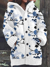 Load image into Gallery viewer, Blue Floral Pattern Cozy Knit Hooded Cardigan