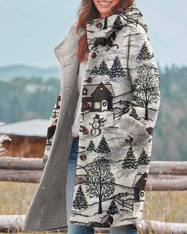 Vintage Christmas Snowman Village Print Hooded Casual Jacket