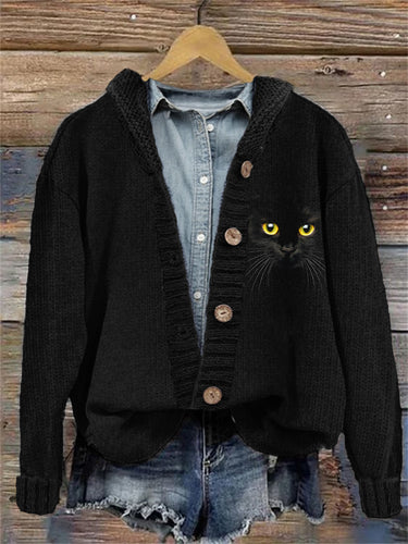 Black Cat Face Knit Cozy Hooded Cardigan