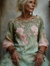 Load image into Gallery viewer, Vintage Forest Pink Roses Gradient Linen Maxi Dress