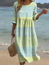 Load image into Gallery viewer, Women's Casual  Round Neck Mid Sleeve Print Cotton and Linen Dress
