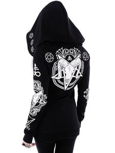 Gothic Style Dark Print Long Sleeve Hooded Long Women'S Sweater