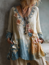 Load image into Gallery viewer, Women's Vintage Floral Embroidery Gradient Linen V-neck Shirt