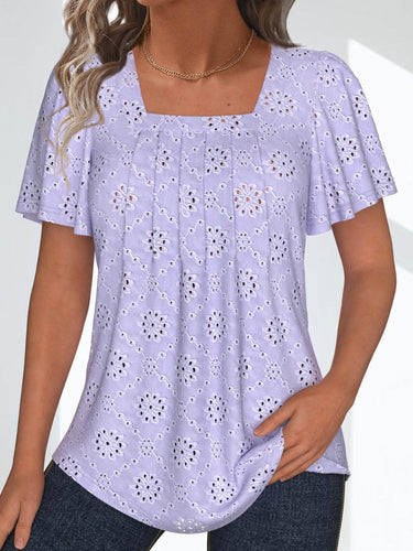 Women Short Sleeve U-neck Solid Lace Tops