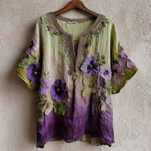 Load image into Gallery viewer, Pansy Floral Embroidered Forest Gradient Flowy Linen Shirt