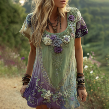 Load image into Gallery viewer, Classy Purple Lavender And Floral Embroidered Linen Short Sleeve T-shirt