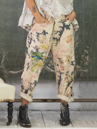 Floral Patchwork Bird Print Elastic Drawstring High Rise Straight Leg Trousers