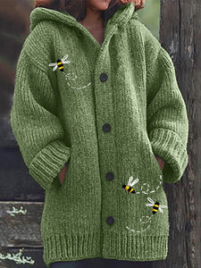 Flying Bees Embroidery Cozy Knit Hooded Cardigan