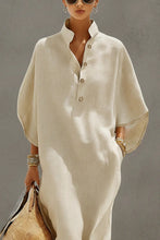 Load image into Gallery viewer, Women's Oatmeal Linen Dress With Mandarin Collar &amp; Dolman Sleeves, Timeless Resort-Casual Style Dress
