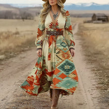 Load image into Gallery viewer, Women's Western Geometric Print V-neck Long Sleeve Midi Dress