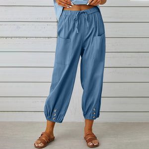 High Waisted Button Cotton Linen Wide Leg Cropped Pants