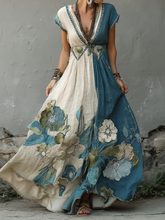 Load image into Gallery viewer, Women's Retro Japanese Sakura Artistic Linen Short Sleeve Dress