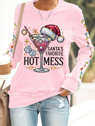 Women's Christmas Santa's Favorite Hot Mess Printed Crew Neck Sweatshirt