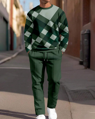 Men's Simple Colorblock Round Neck Casual Sports Set 0163