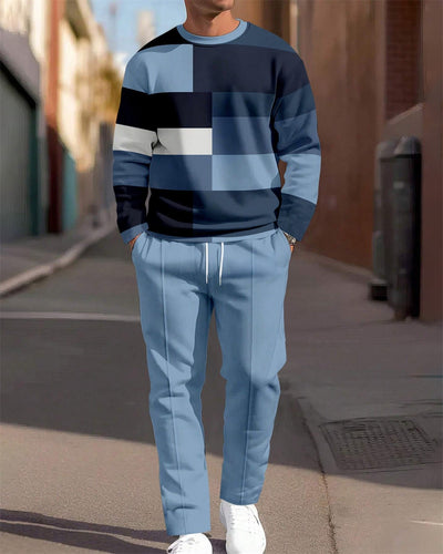 Men's Simple Colorblock Round Neck Casual Sports Set 0193