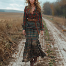 Load image into Gallery viewer, Women's Retro V-neck Plaid Long-sleeve Bohemian Pastoral Style Maxi Long Dress