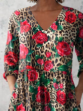 Load image into Gallery viewer, Women's Retro Leopard Floral Art Print Casual Cotton And Linen V-neck Top