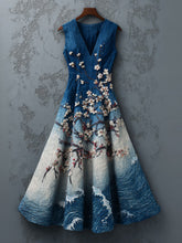 Load image into Gallery viewer, Women's Cherry Blossoms Embroidery And  Waves Gradient Art Linen Maxi Dress