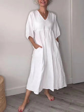 Load image into Gallery viewer, Women's V-neck Solid Color Mid-length Sleeve Cotton and Linen Dress
