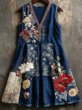 Load image into Gallery viewer, Japanese Art Floral Embroidery Women's Linen V-neck Vest Dress