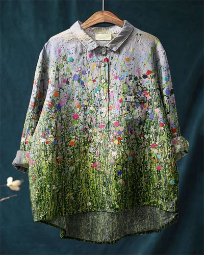 Vintage Art Floral Print Casual Cotton and Linen Shirt