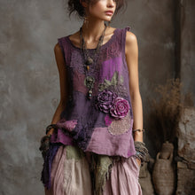 Load image into Gallery viewer, Vintage Purple Roses Lace Patchwork Linen Tank Top