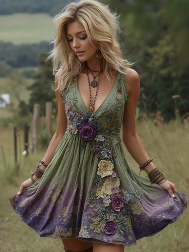 Roses Embroidered Flowy Wide Skirted Linen Mini Dress