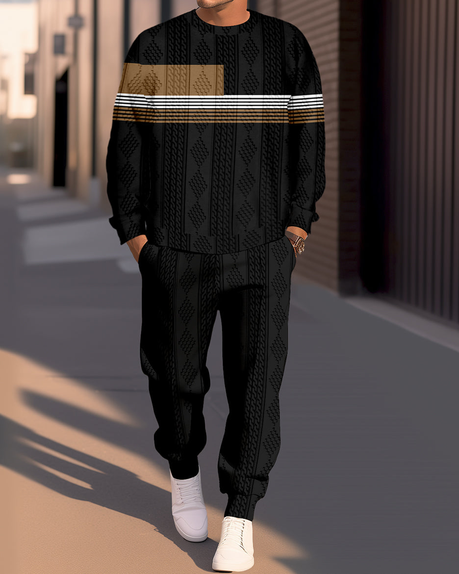 Men's Textured Jacquard Round Neck Casual Sports Set  022