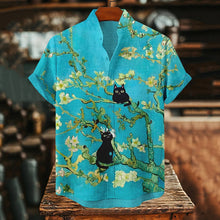 Load image into Gallery viewer, Men's Black Cats Floral Art Print Short Sleeve Shirt