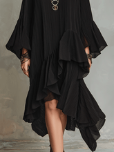 Load image into Gallery viewer, Elegant Asymmetric Ruffle Black Boho Midi Dress