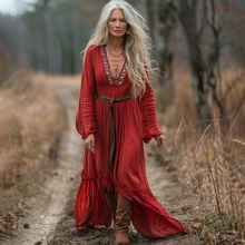 Load image into Gallery viewer, Women's Vintage Pastoral Style V-neck Linen Long-sleeve Maxi Long Dress