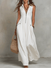Load image into Gallery viewer, White Zip-Front Bohemian Maxi Dress