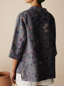 Women's Floral Art  Print Casual Linen Cotton 3/4 Sleeve Shirt