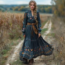 Load image into Gallery viewer, Women's Vintage V-neck Floral Bohemian Pastoral Style Long-sleeved Maxi Long Dress