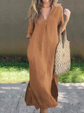 Load image into Gallery viewer, Women's Solid Color V-Neck Linen Pocket Dress