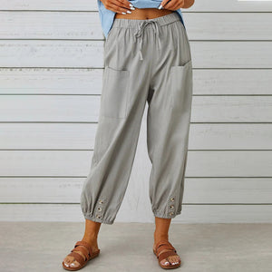 High Waisted Button Cotton Linen Wide Leg Cropped Pants