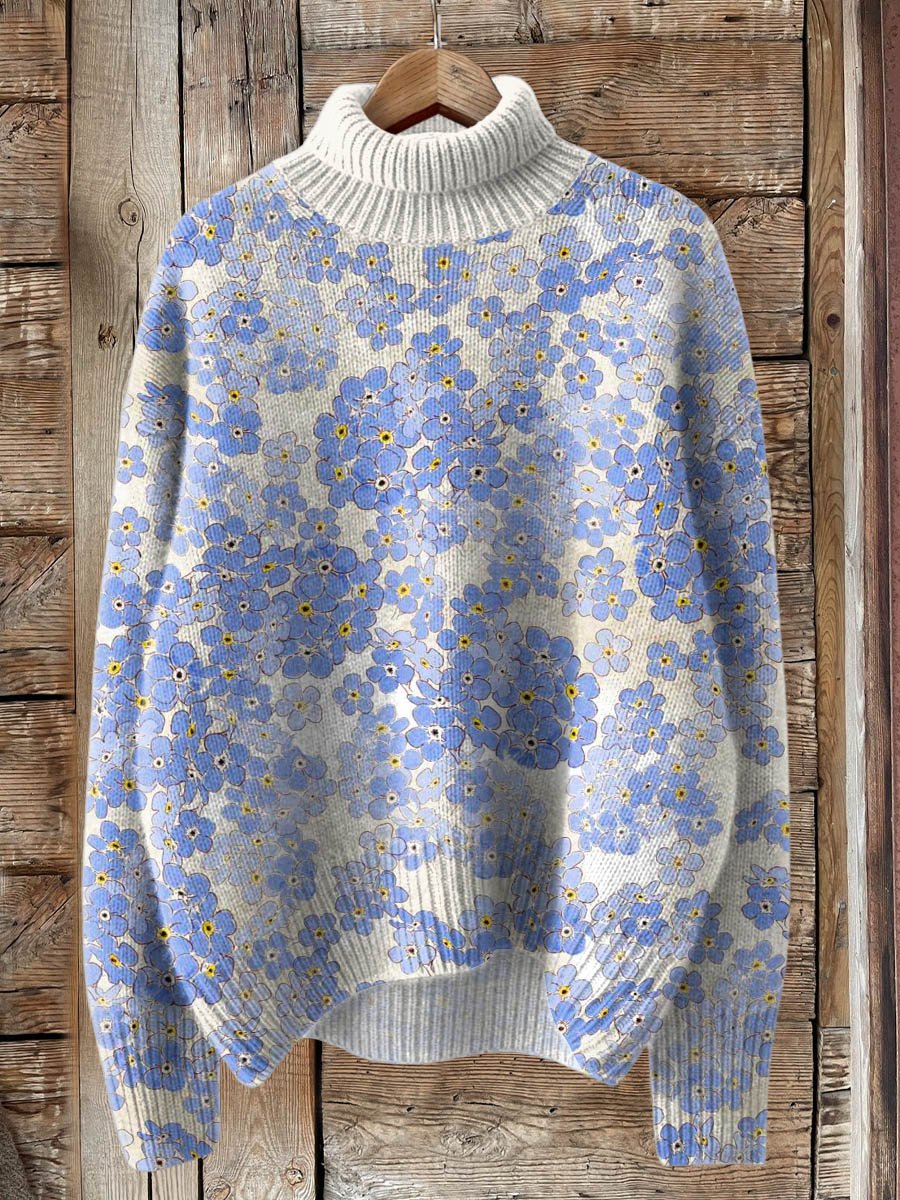 Lovely Floral Art Print Knit Turtleneck Pullover Sweater